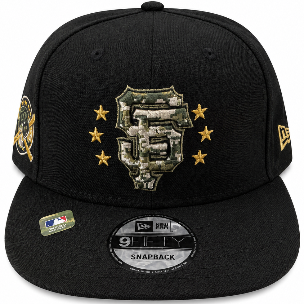 SF Giants black camo snapback with military-inspired side patch - side view