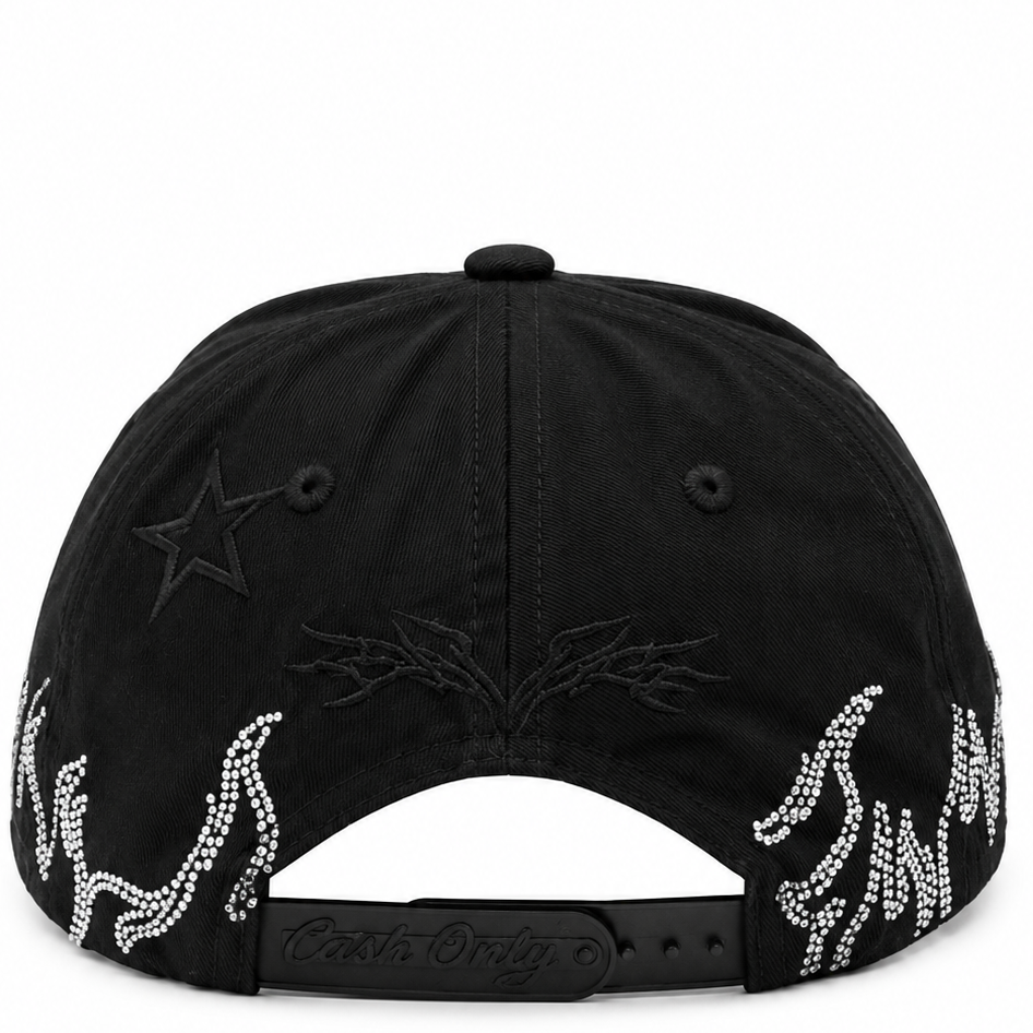 Cash Only rhinestone flame hat - back view