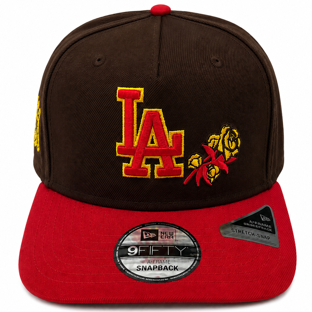 Los Angeles Dodgers brown and red 35th Anniversary New Era 9FIFTY A-Frame snapback hat - front view