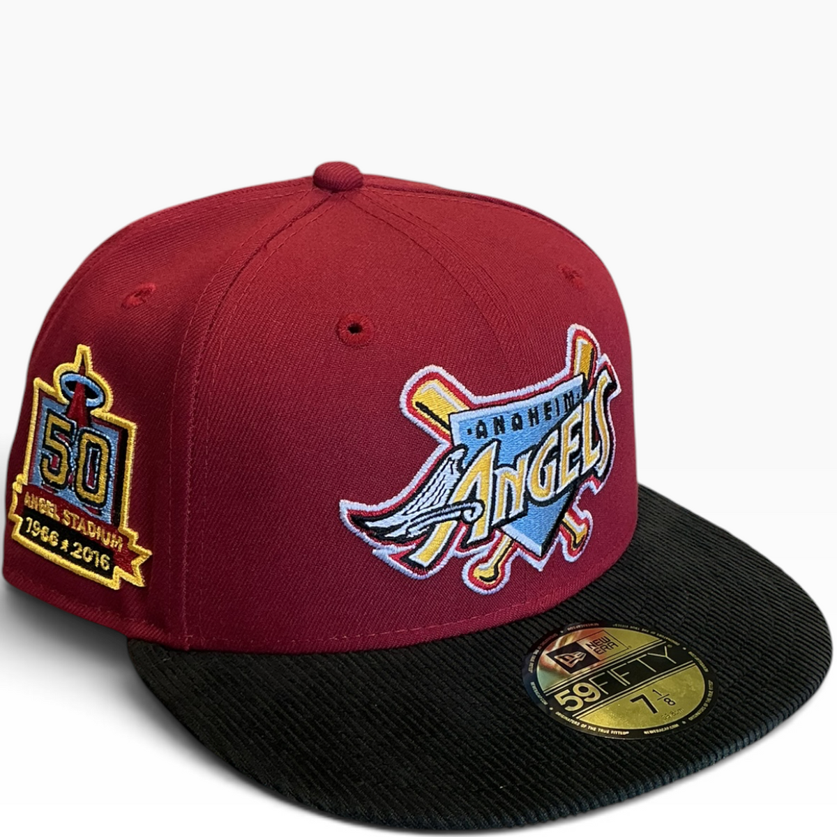 Anaheim Angels maroon and black 50th Anniversary New Era 59FIFTY fitted hat - front view