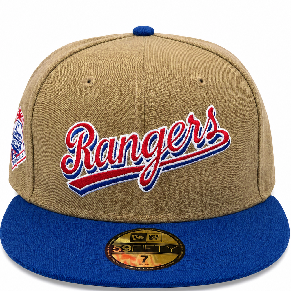 Texas Rangers Tan / Royal Blue New Era 59FIFTY fitted hat - side view