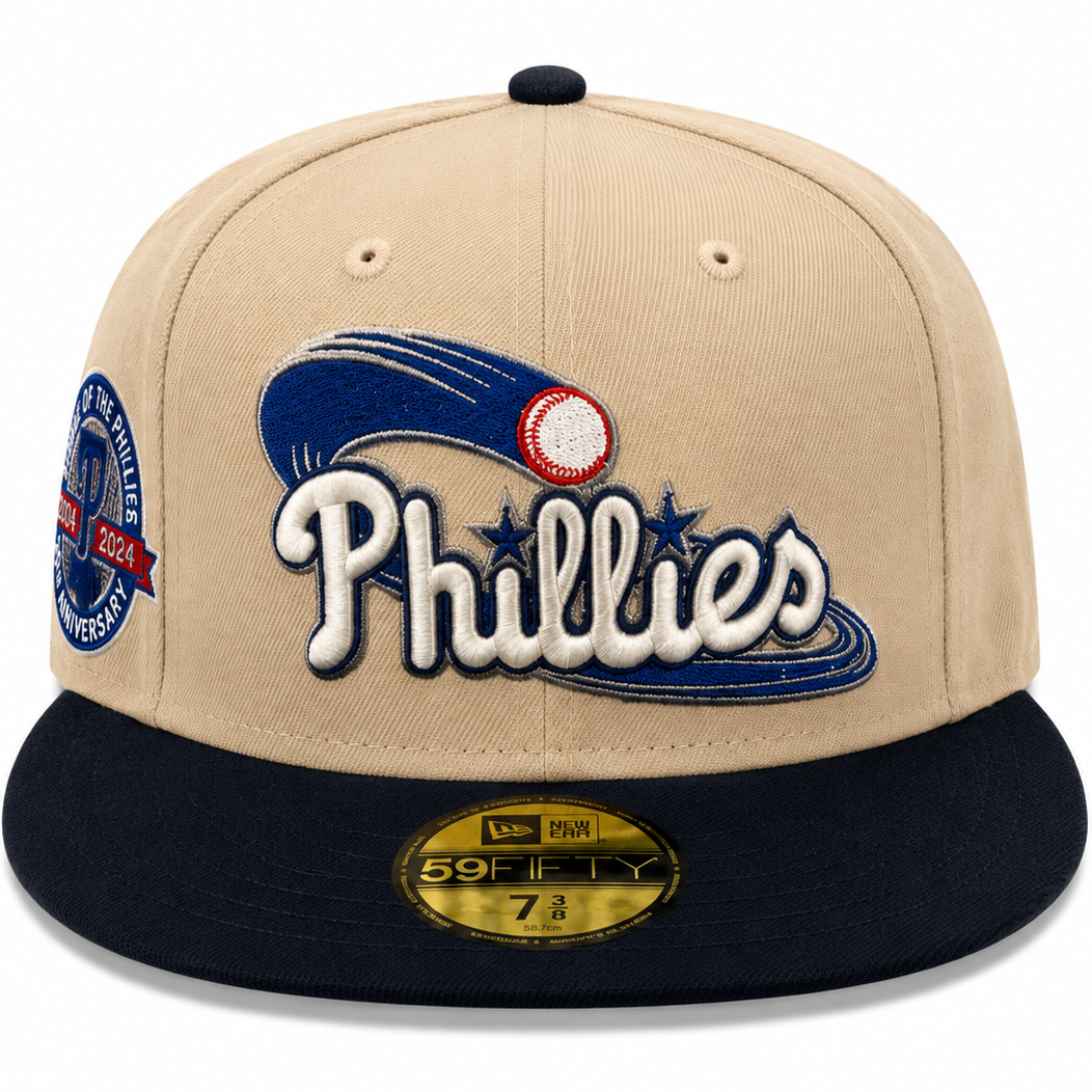 Philadelphia Phillies tan and navy New Era 59FIFTY fitted hat - front view