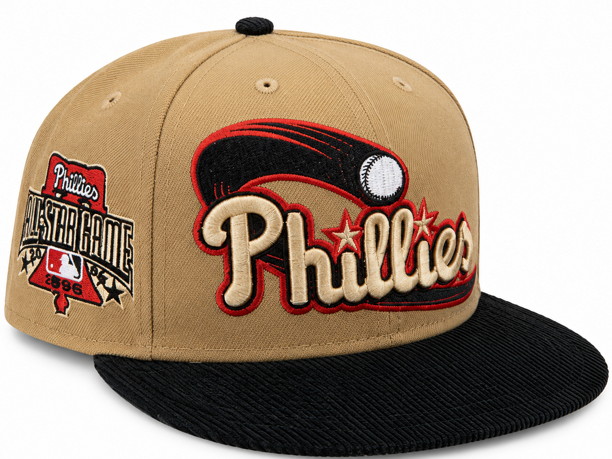 Philadelphia Phillies tan and black All-Star Game New Era 59FIFTY fitted hat - side view