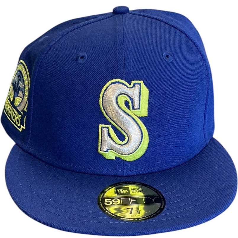 Seattle Mariners royal blue and neon green New Era 59FIFTY fitted hat - side view