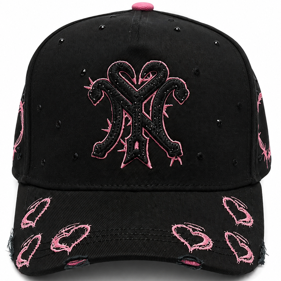 Black & Pink Cupid Heart Embroidered Cap – front view