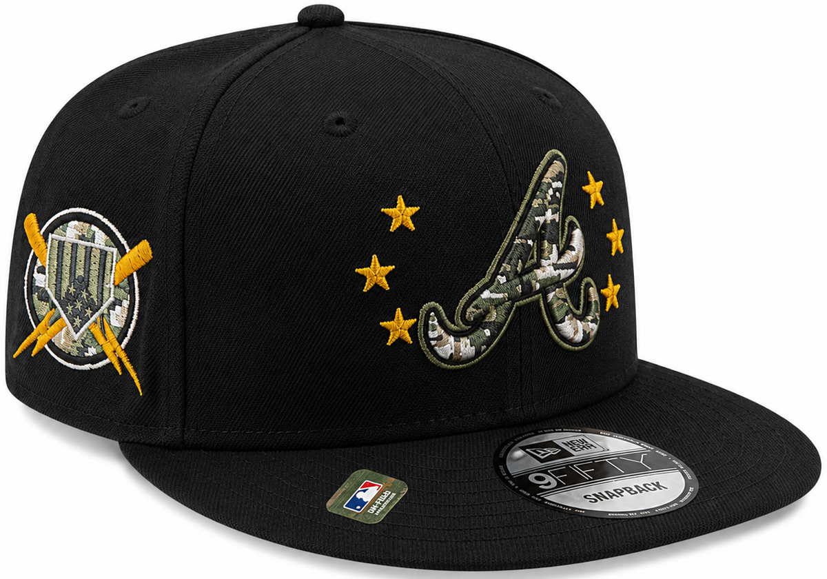New Era Atlanta Braves black camo 9FIFTY snapback hat with camouflage A logo and gold stars - front view
