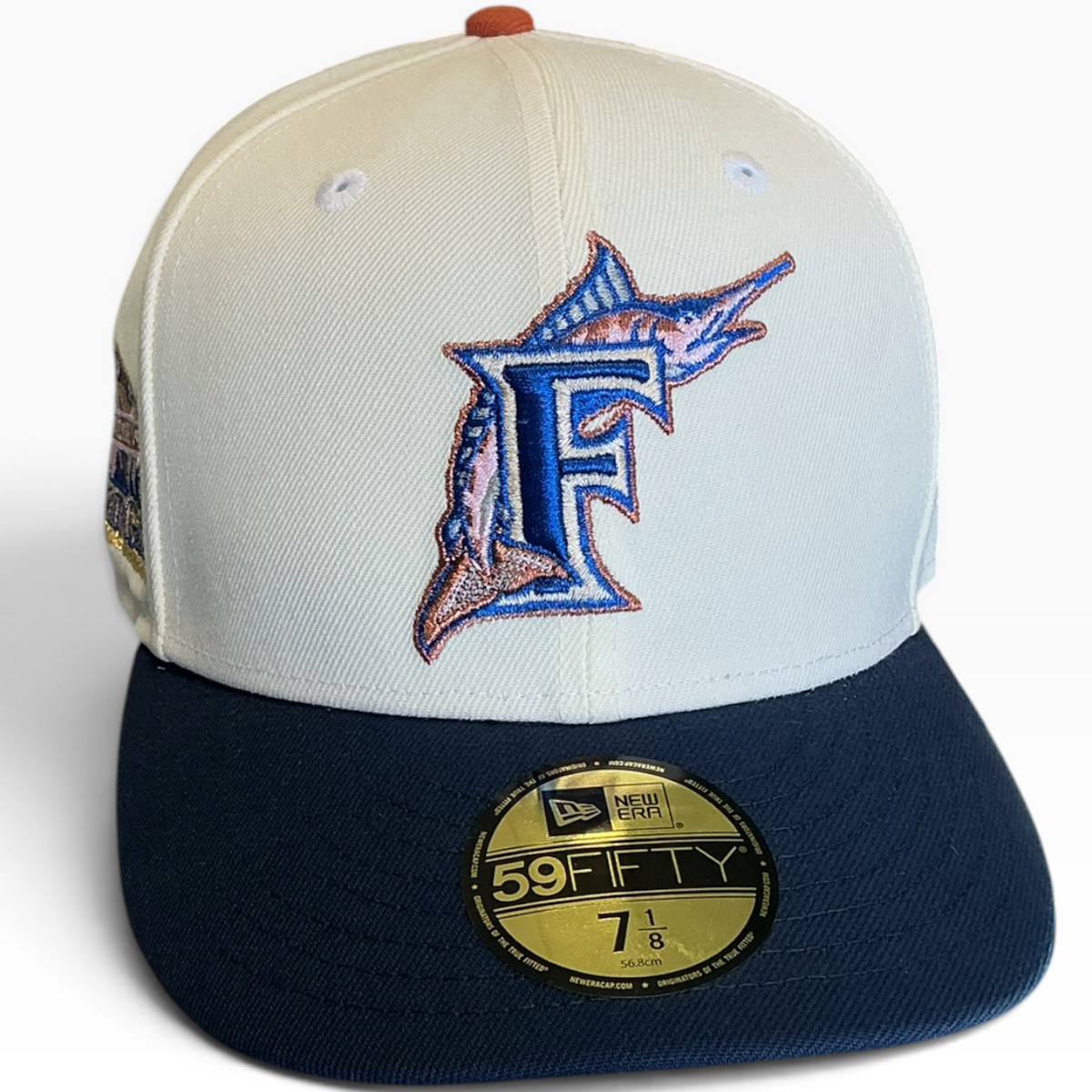 Florida Marlins Cooperstown Cream & Navy New Era 59FIFTY fitted hat - side view