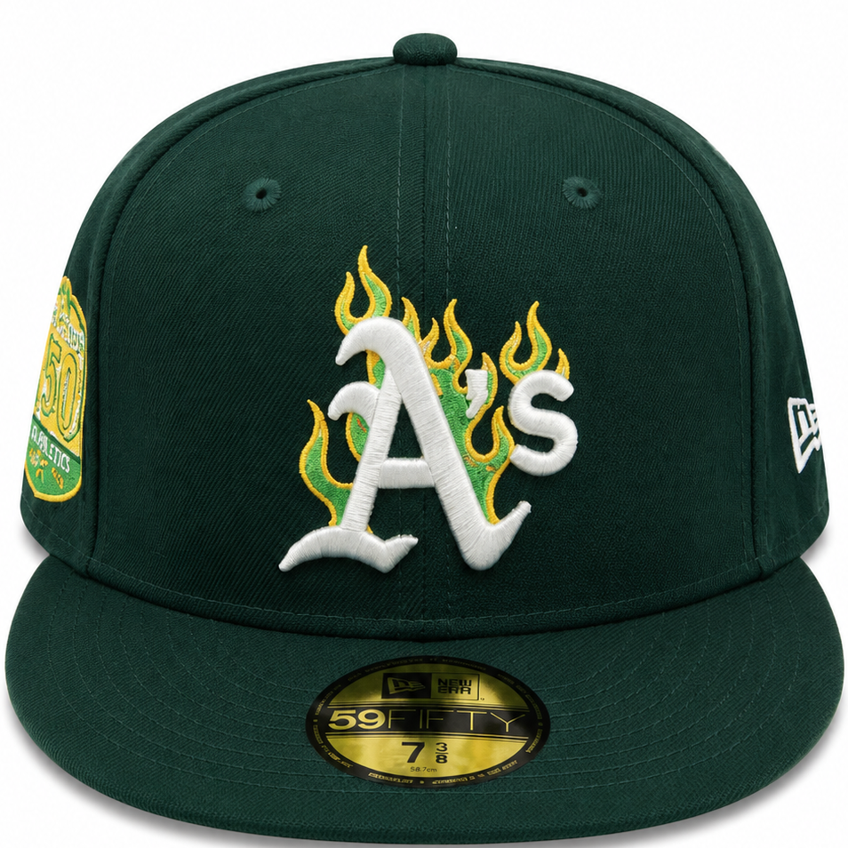 Oakland Athletics dark green flame New Era 59FIFTY fitted hat - back view