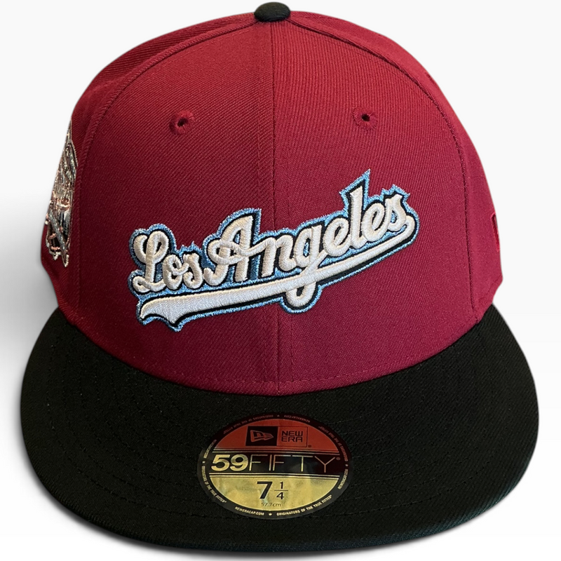 Los Angeles Dodgers maroon and black Anniversary Patch New Era 59FIFTY fitted hat - side view