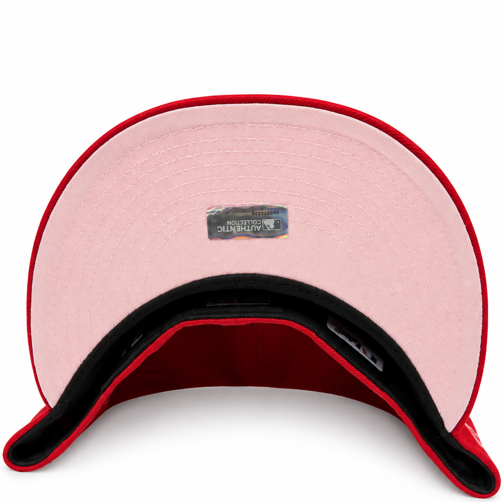 Los Angeles Angels red and pink New Era 59FIFTY fitted hat - pink undervisor detail