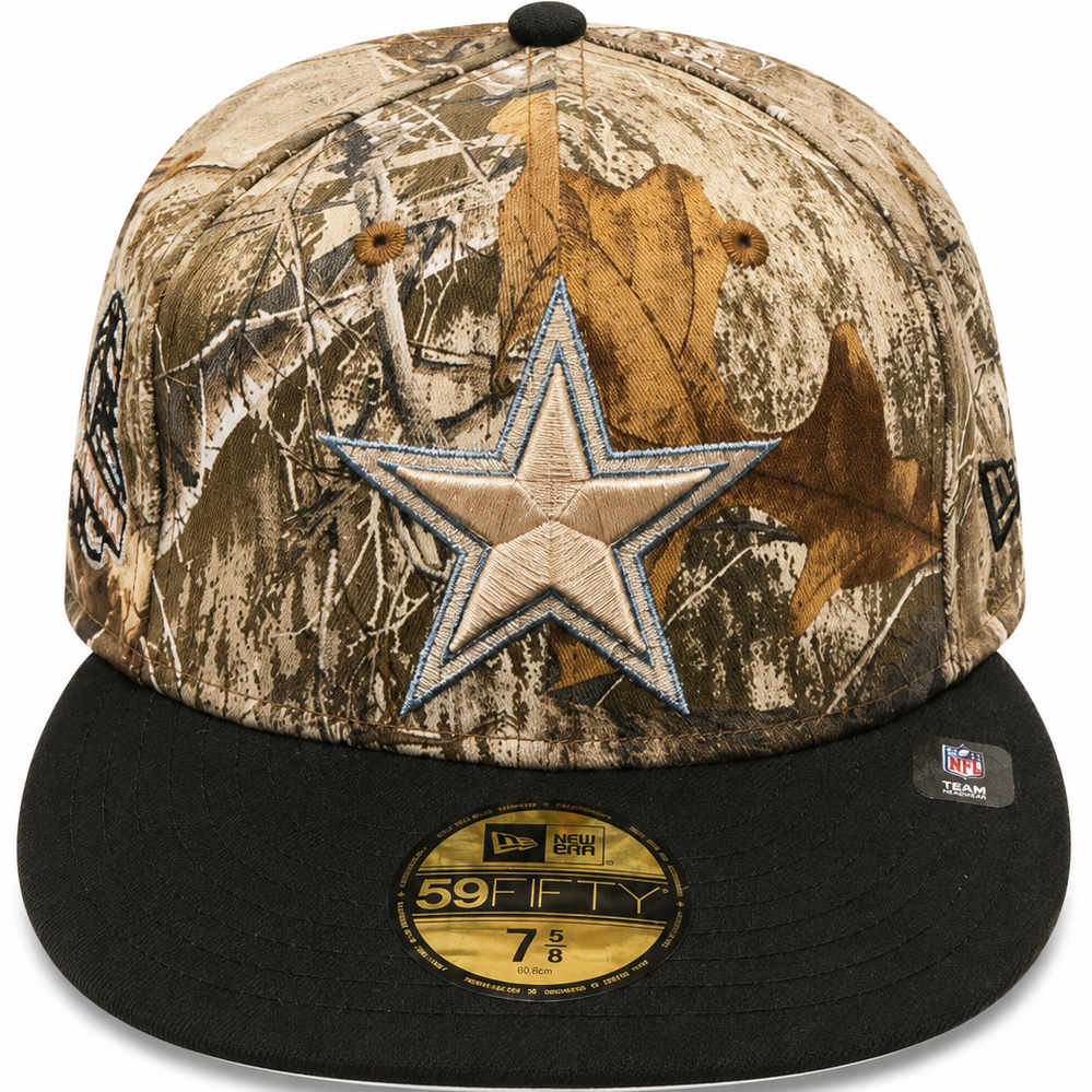 Dallas Cowboys camo New Era 59FIFTY fitted hat - side patch view