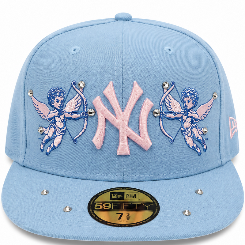 New York Yankees baby blue and pink cupid rhinestone New Era 59FIFTY fitted hat - side view