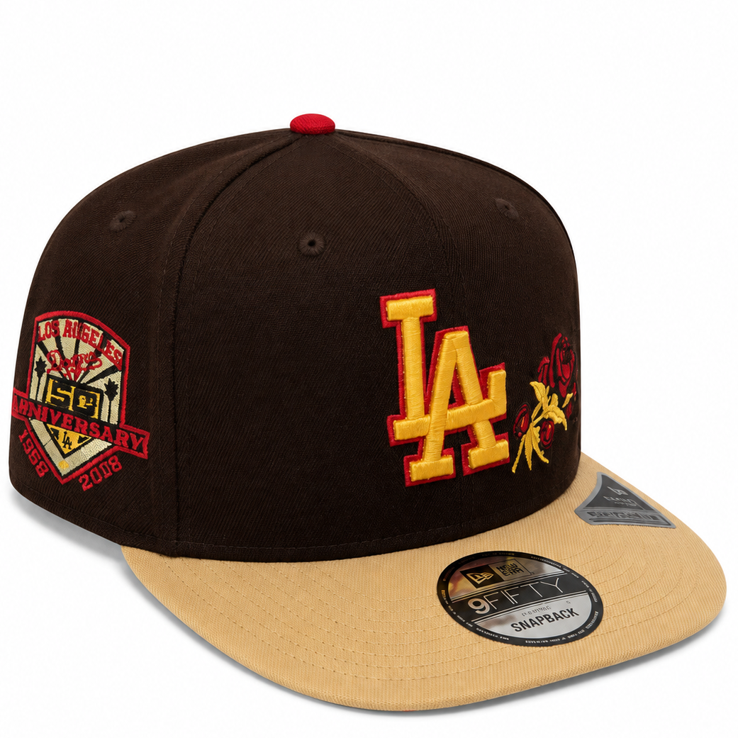 Los Angeles Dodgers LA Rose brown, tan and red New Era 9FIFTY A-Frame snapback hat - side view