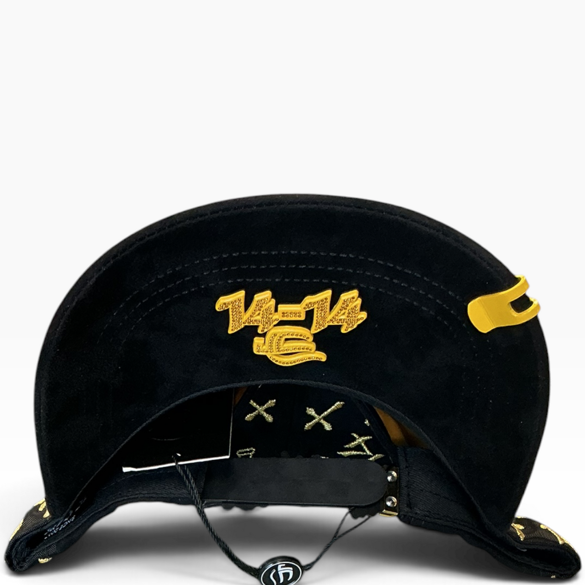 14 black and gold rhinestone cross suede snapback hat - front view
