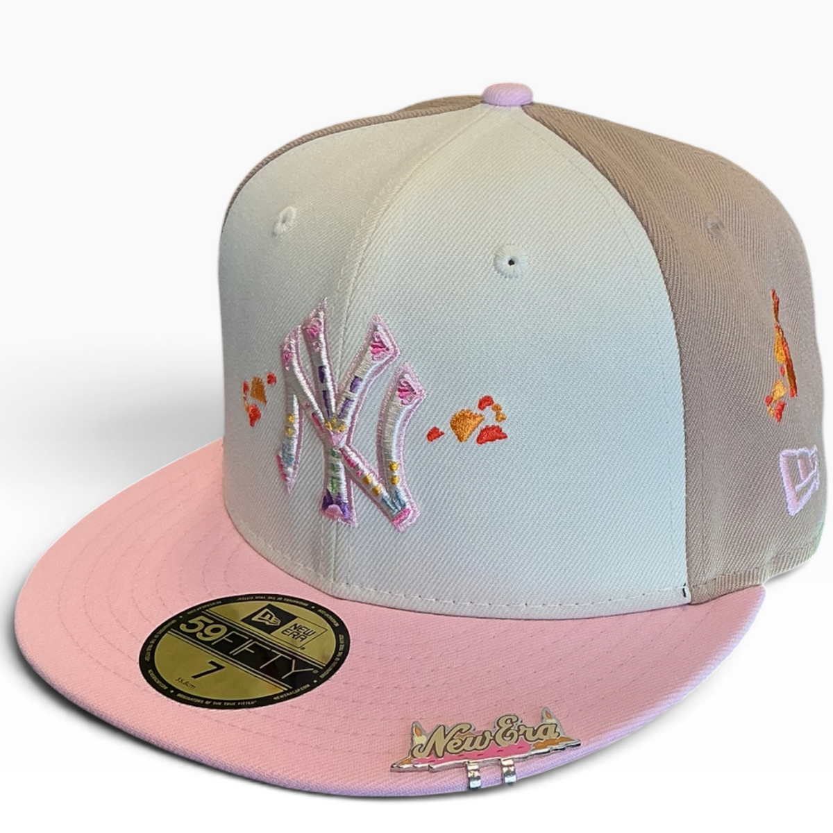 New York Yankees cream, taupe and pink Taco Embroidery New Era 59FIFTY fitted hat - side view