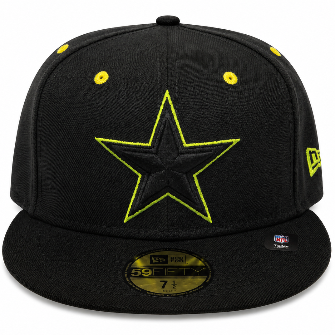 Dallas Cowboys black and neon yellow New Era 59FIFTY fitted hat - front view