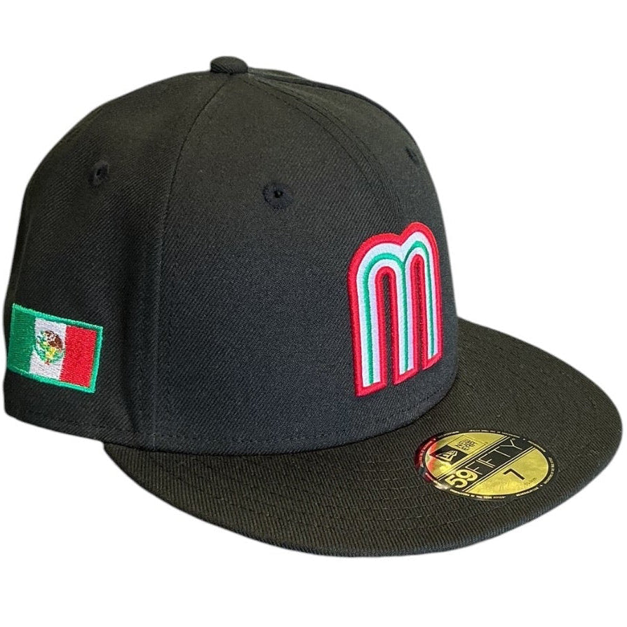 Mexico Baseball black tricolor M logo New Era 59FIFTY fitted hat - back view