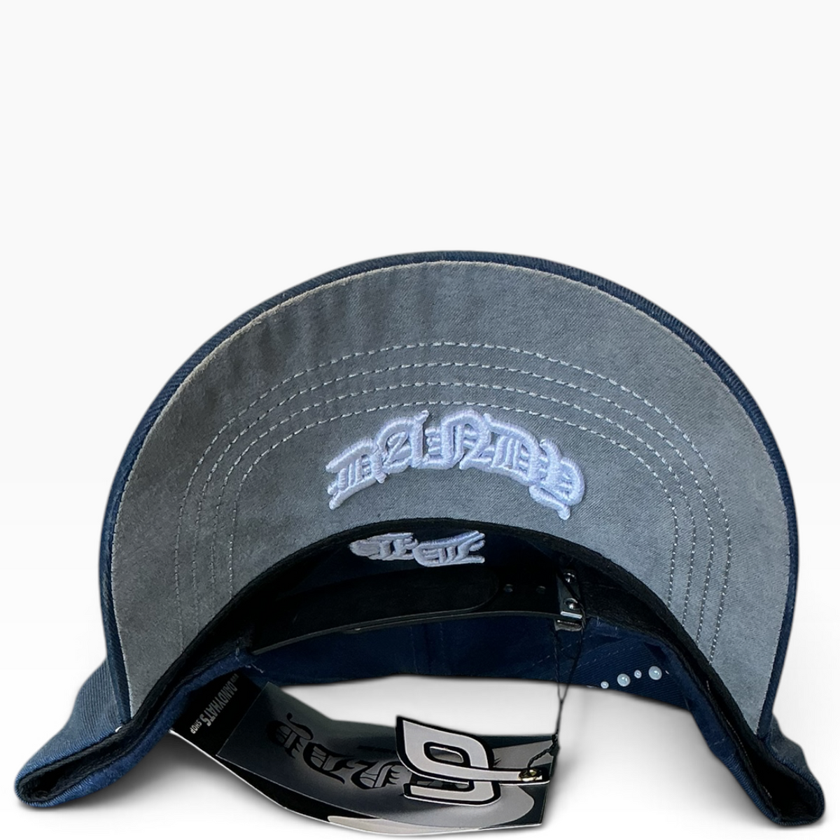 Dandy navy blue NY rhinestone suede snapback hat - front view