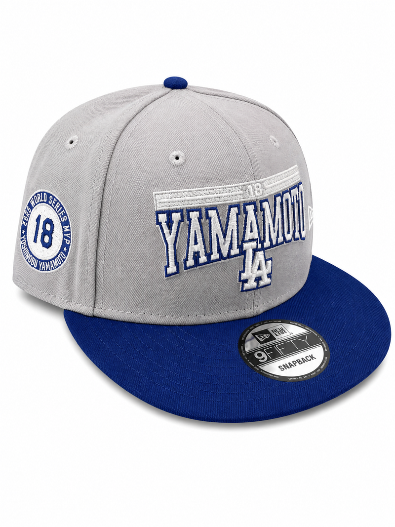 Dodgers Yamamoto snapback with World Series MVP #18 side patch - side view