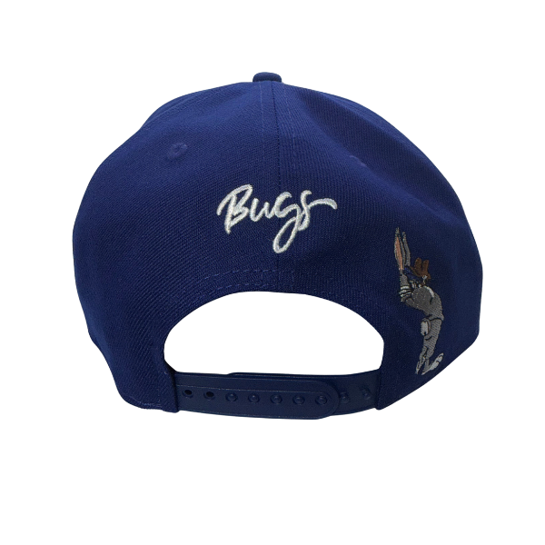 New Era Los Angeles Dodgers x Looney Tunes Bugs Bunny navy snapback hat – back view with white Bugs script and blue snap closure