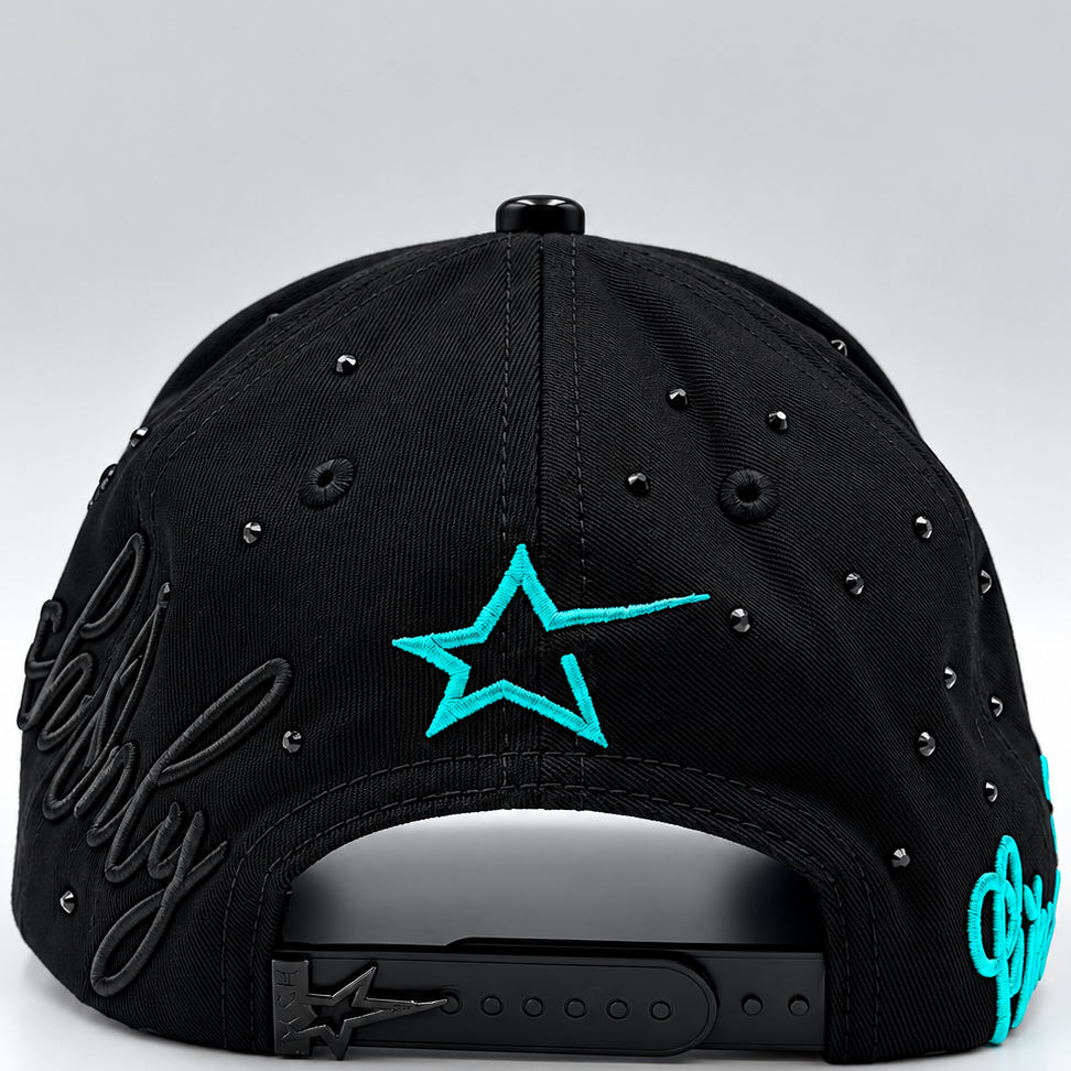 Cash Only Los Angeles LA Black & Turquoise Rhinestone Adjustable Hat