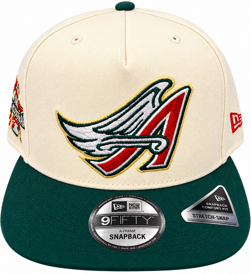 Los Angeles Angels cream and green New Era 9FIFTY A-Frame snapback hat – front view with red and white winged A logo and forest green brim