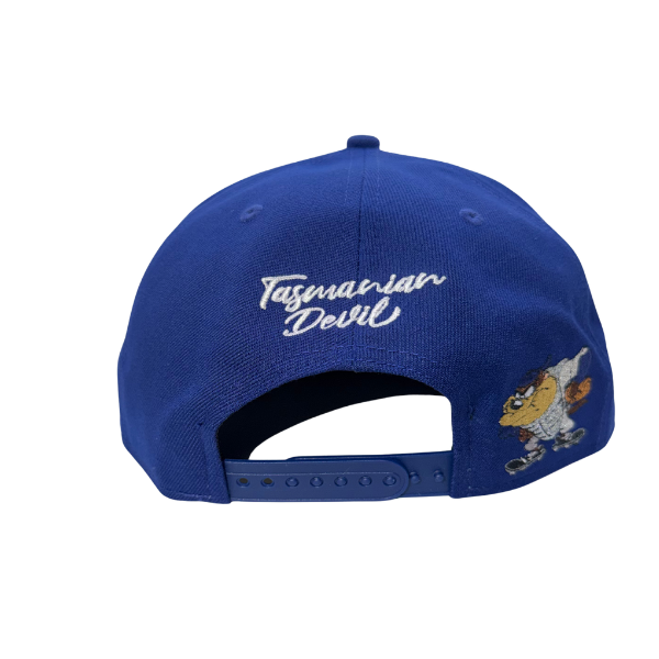 New Era Los Angeles Dodgers x Looney Tunes Tasmanian Devil navy snapback hat – back view with white Tasmanian Devil script and blue snap closure