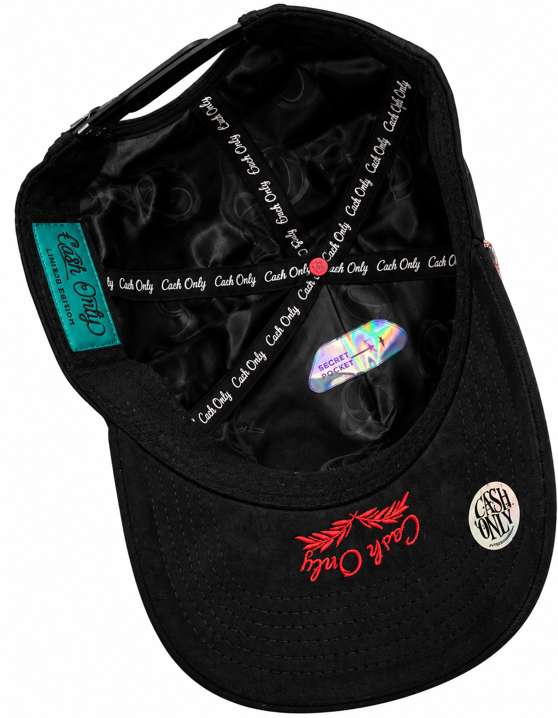 Black Cash Only Rhinestone Suede Brim Snapback Hat