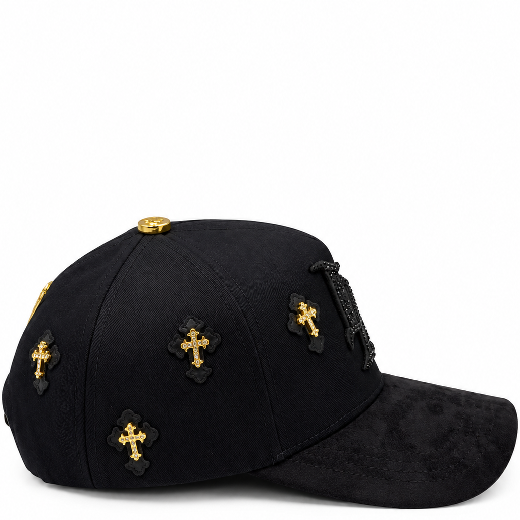 Black & Gold Los Angeles LA Cross Rhinestone Snapback Hat