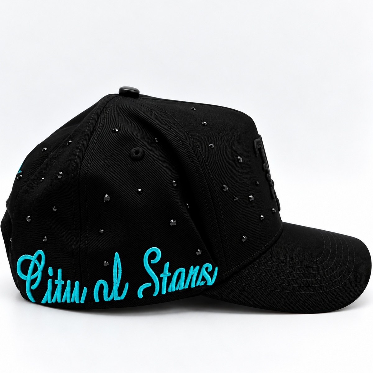 Cash Only Los Angeles LA Black & Turquoise Rhinestone Adjustable Hat