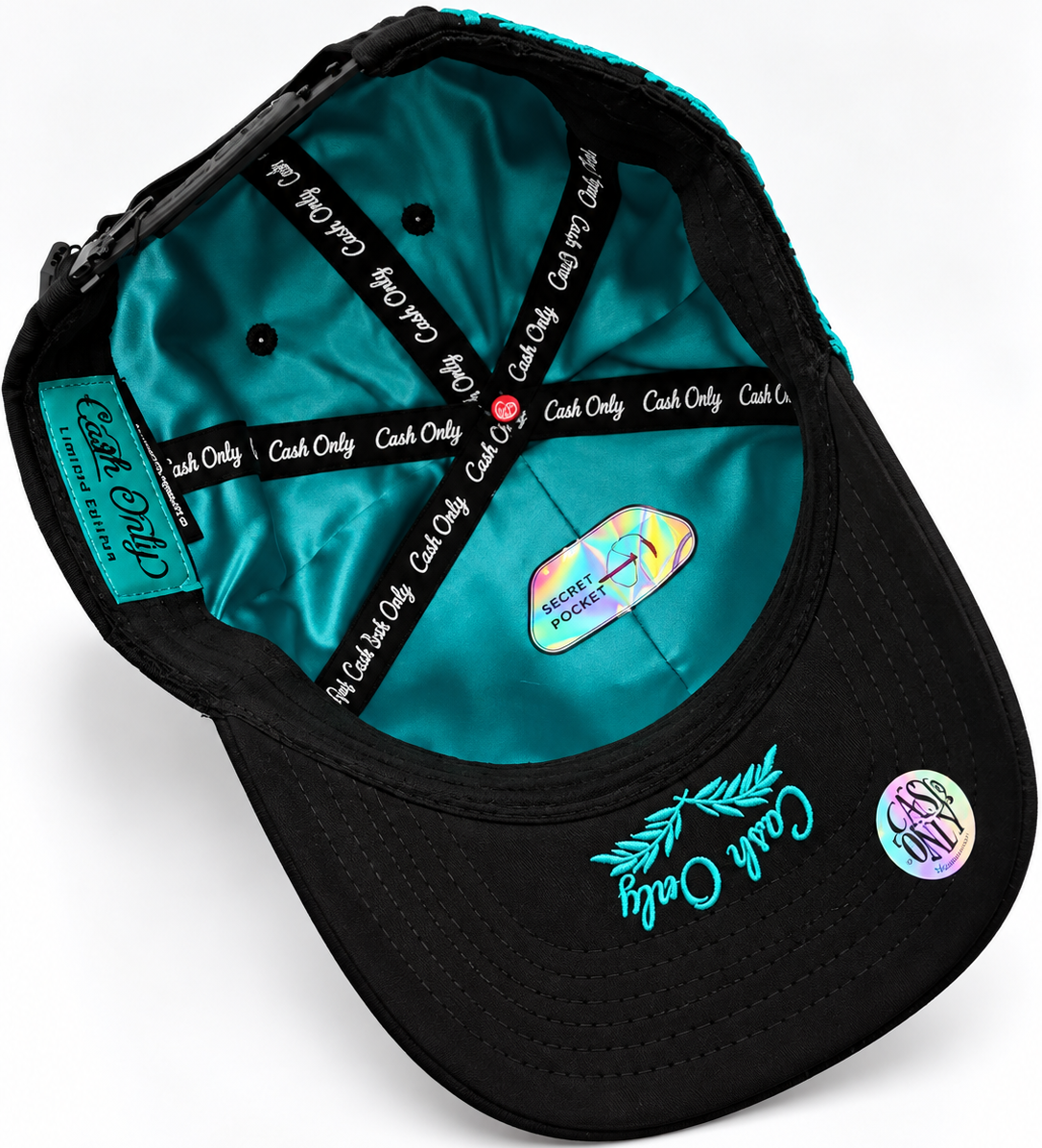 Cash Only Los Angeles LA Black & Turquoise Rhinestone Adjustable Hat