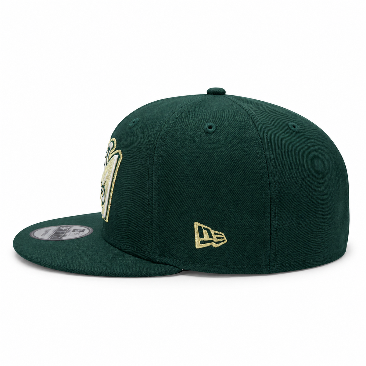 Los Angeles Angels Winged A forest green and gold snapback hat – side view with gold side patch and gold New Era flag