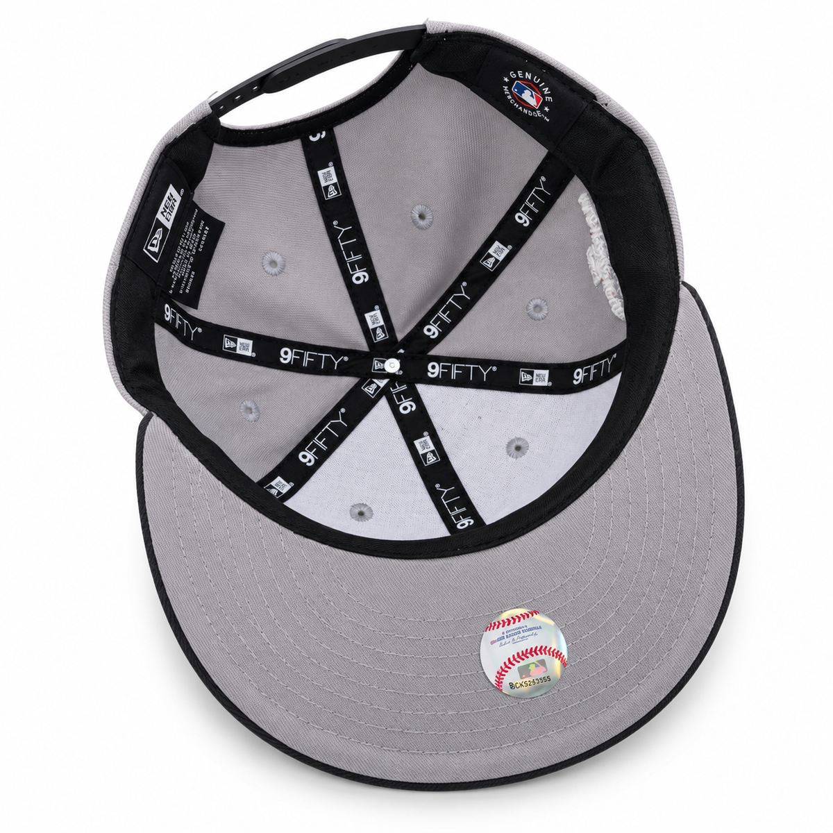 Los Angeles Dodgers grey and black New Era 9FIFTY World Series snapback hat – underside view with grey crown lining and grey undervisor