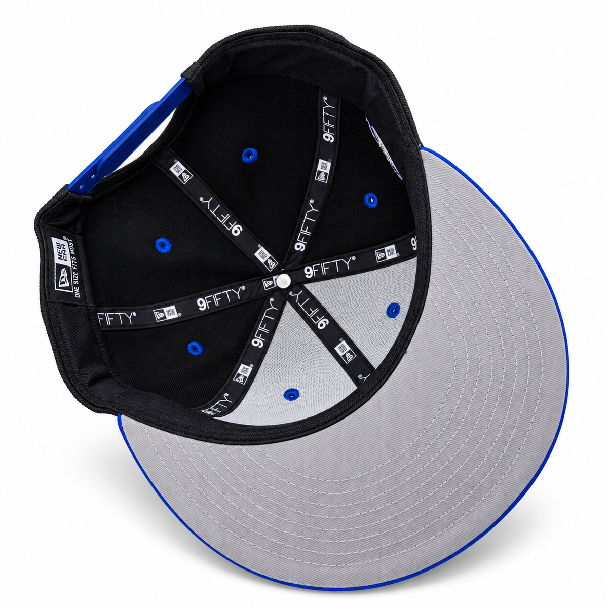 Black and blue 9FIFTY snapback hat – underside view with royal blue trim and grey undervisor