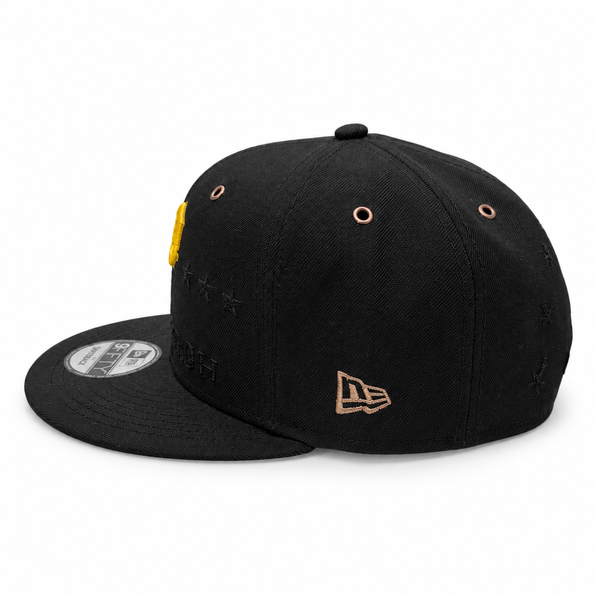 Pittsburgh Pirates black New Era 9FIFTY snapback hat with gold P – side view with copper New Era flag and matching eyelets