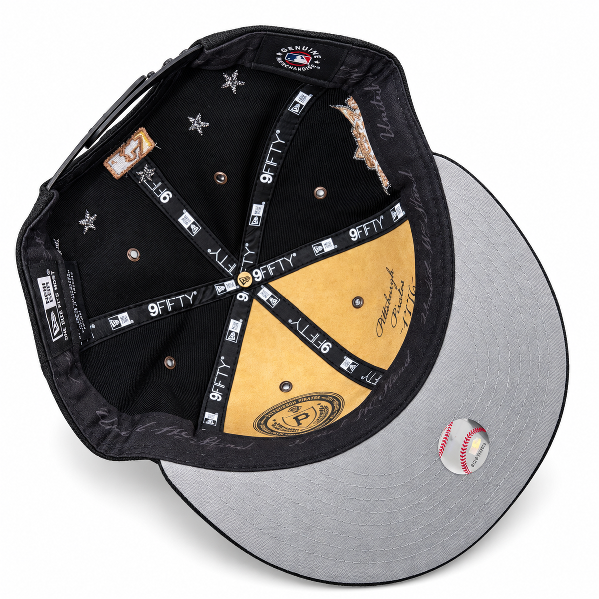 Pittsburgh Pirates black New Era 9FIFTY snapback hat with gold P – underside view with gold suede crown panel and grey undervisor