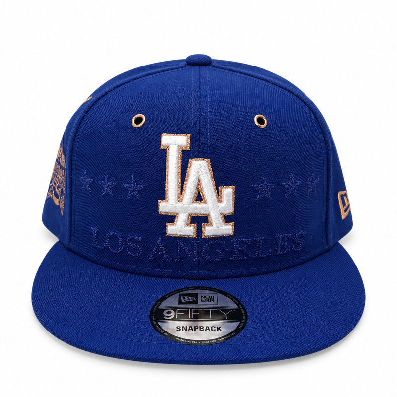 New Era Los Angeles Dodgers All-Star Game navy 9FIFTY snapback hat – front view with white LA logo, Los Angeles script and gold eyelets