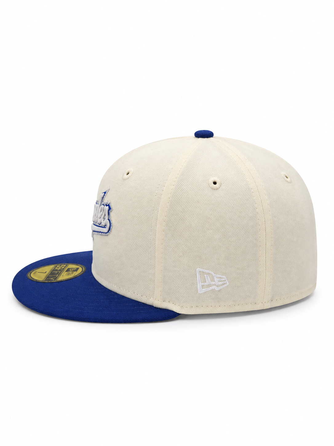 Los Angeles Dodgers New Era 59FIFTY fitted hat in cream and royal blue – side view with royal blue flat brim and white New Era flag