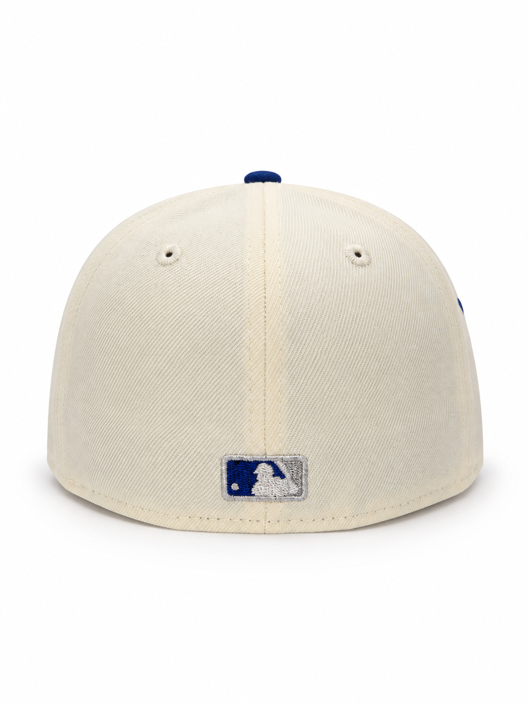 Los Angeles Dodgers New Era 59FIFTY fitted hat in cream and royal blue – back view with MLB batterman logo