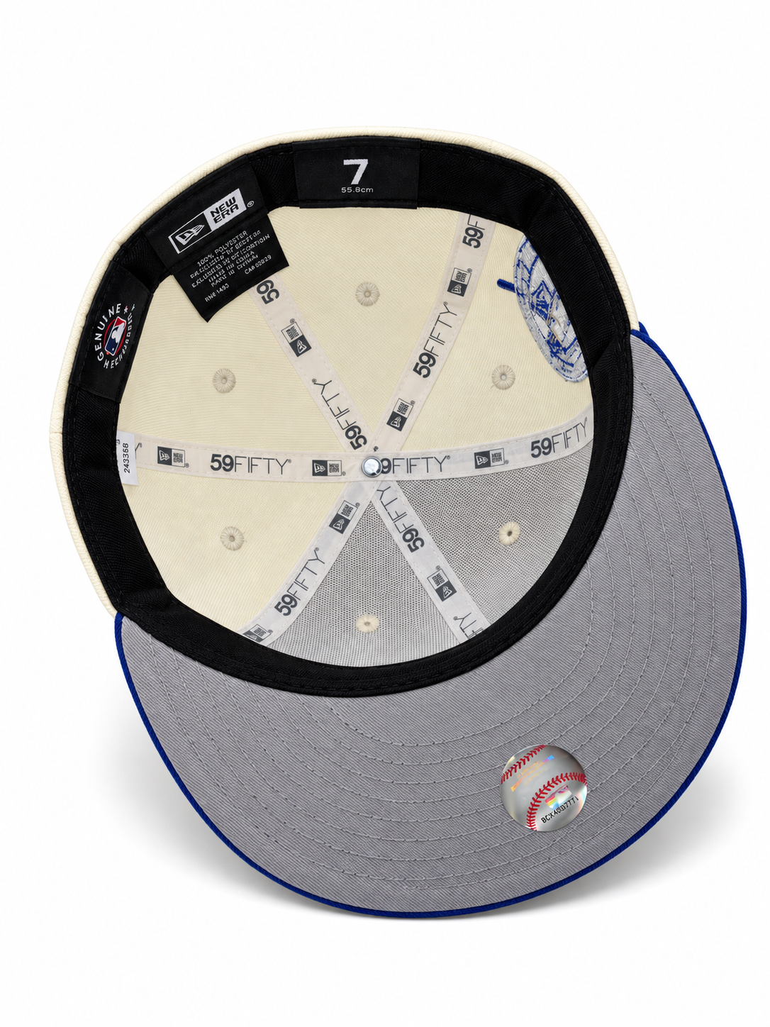 Los Angeles Dodgers New Era 59FIFTY fitted hat in cream and royal blue – underside view with cream crown lining and grey undervisor