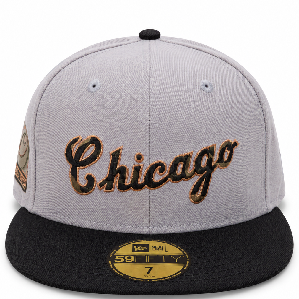 New Era 59FIFTY Chicago script fitted hat in grey and black – front view with gold Chicago script and black flat brim
