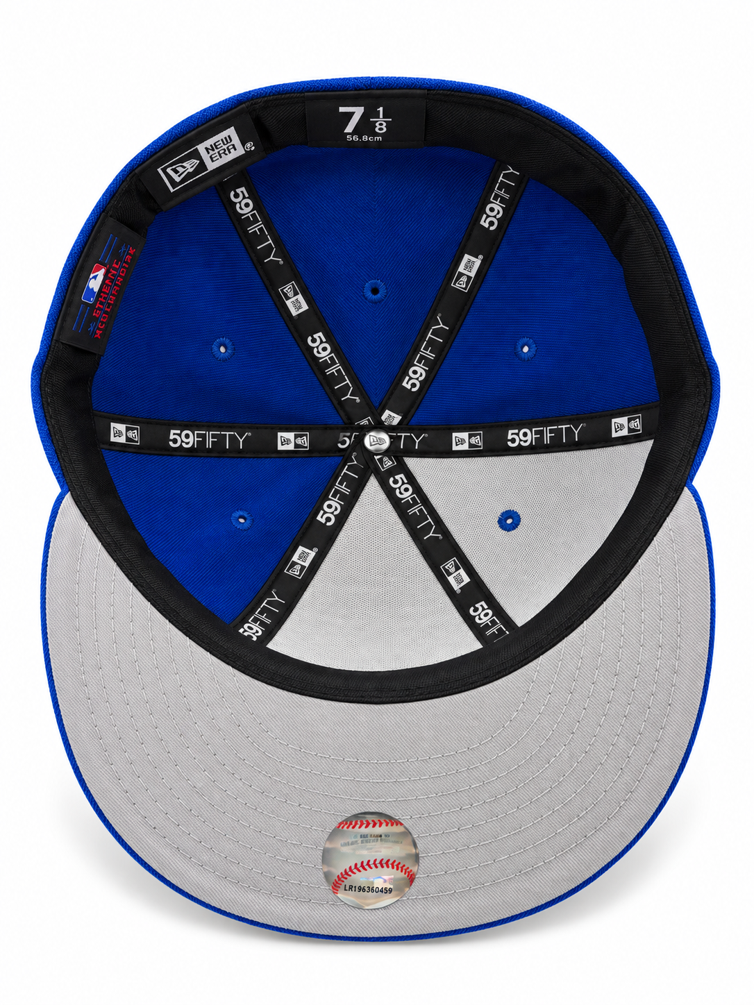 Toronto Blue Jays TOR royal blue New Era 59FIFTY fitted hat – underside view with royal blue crown lining and grey undervisor