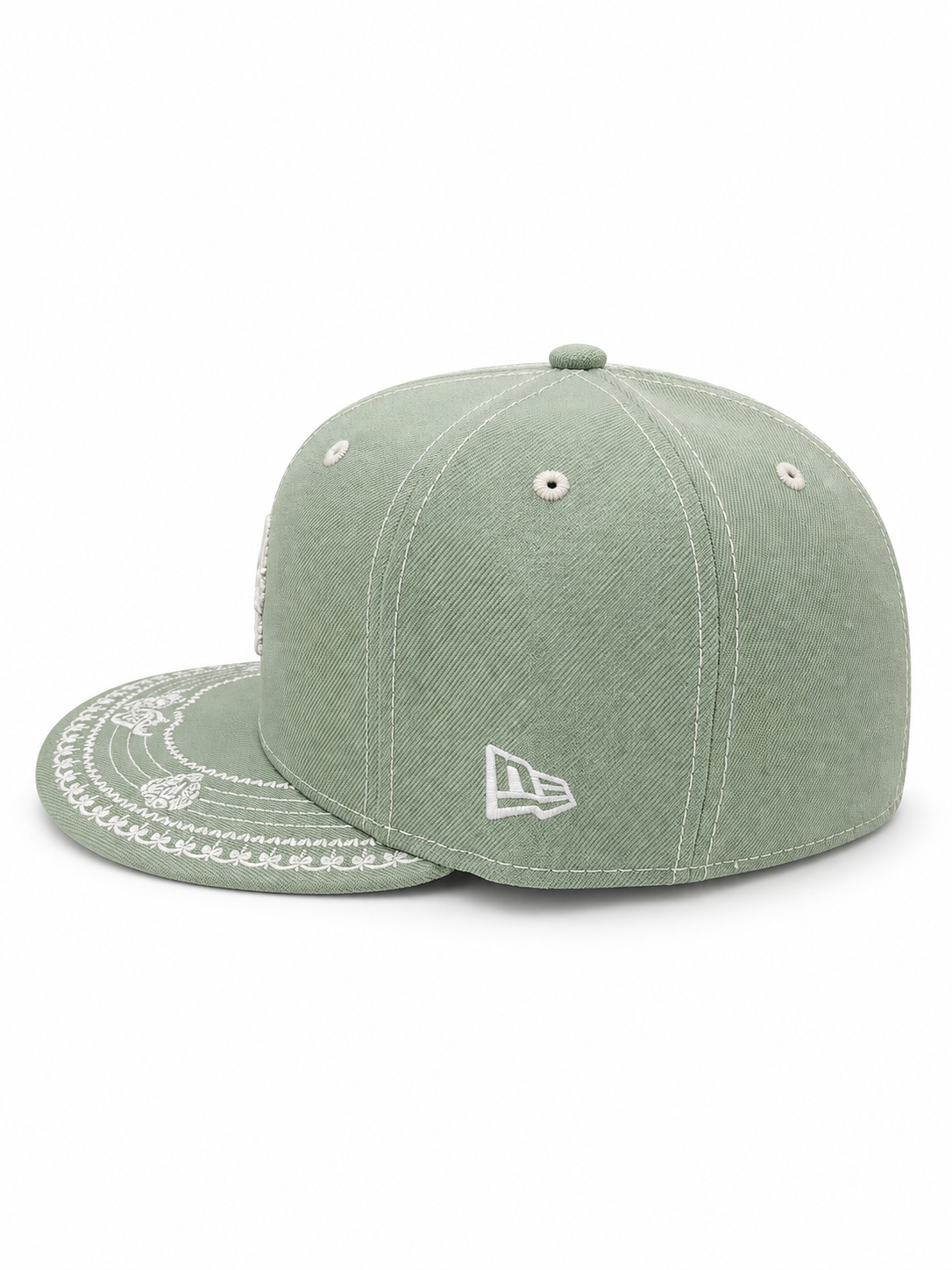 Los Angeles Dodgers sage green and cream 59FIFTY fitted hat – opposite side view with white New Era flag and patterned underbrim