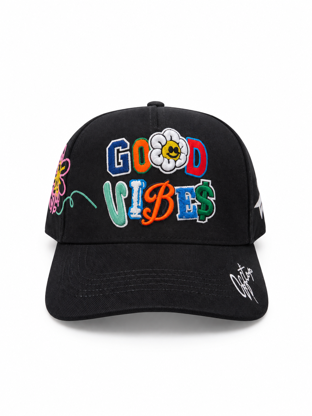 Black Good Vibes multicolour embroidered suede brim hat – front view with chenille GOOD VIBES lettering and daisy patch