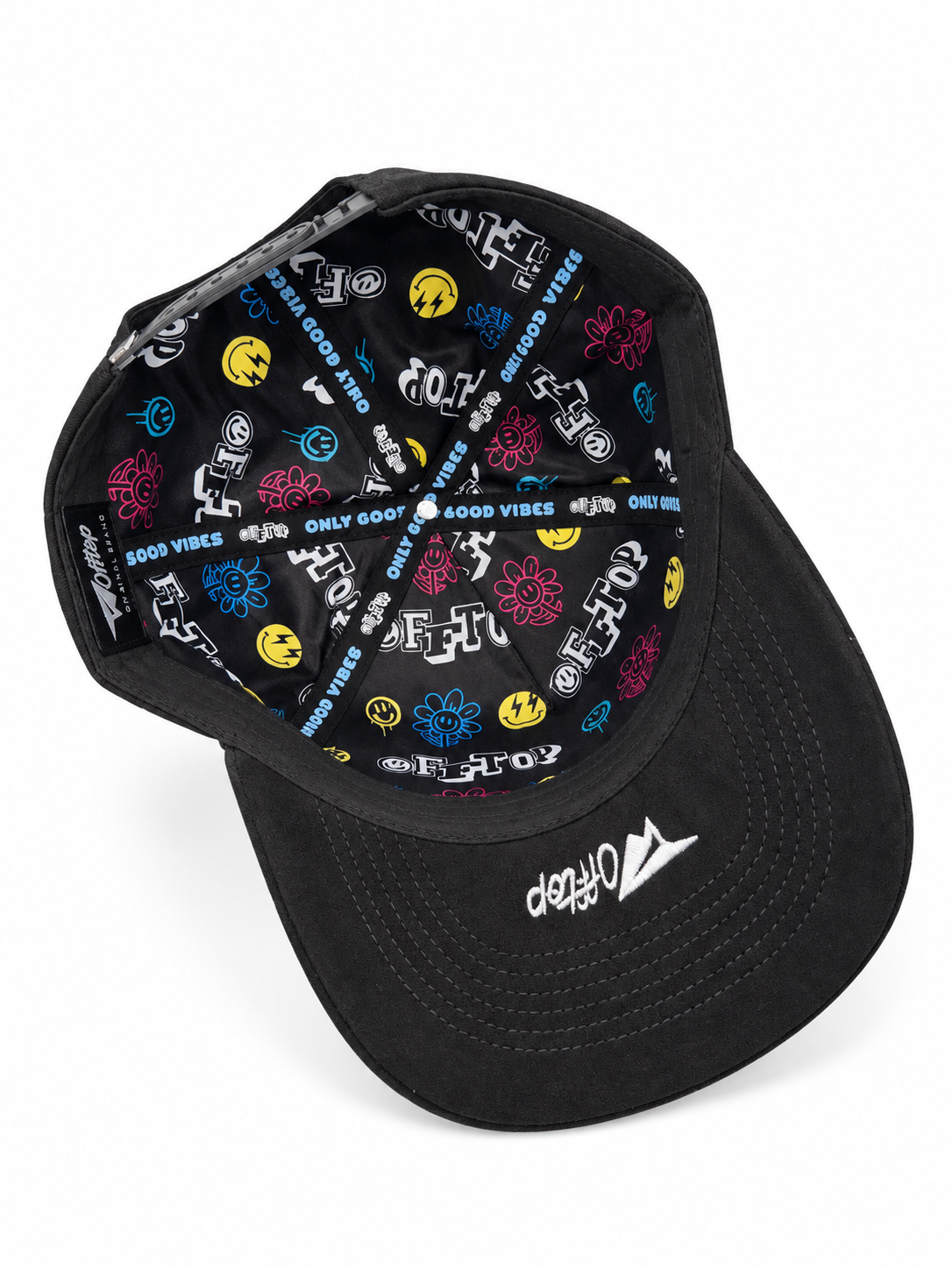 Black Good Vibes multicolour embroidered suede brim hat – interior view with printed icon lining and black suede brim