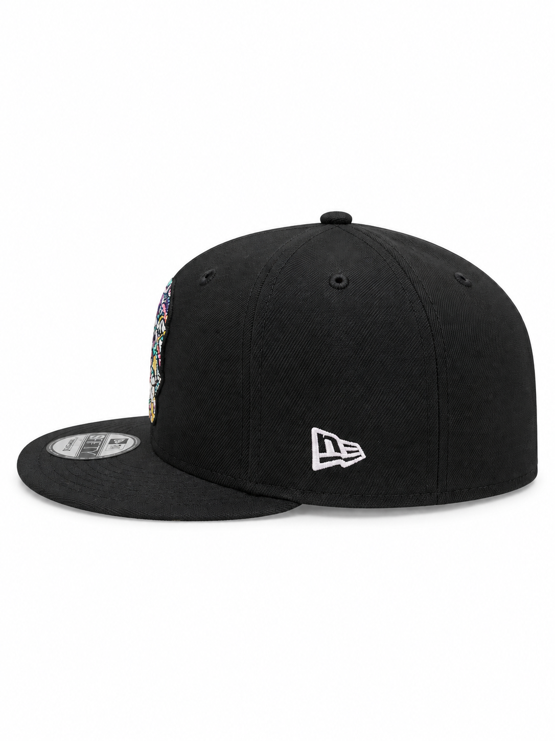 LA Dodgers Sugar Skull black 9FIFTY snapback hat – side view with colourful sugar skull patch and black New Era flag