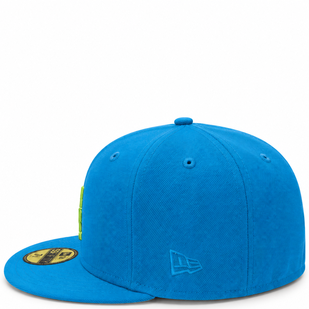 Los Angeles Dodgers bright blue 59FIFTY fitted hat – side view with flat brim and lime green New Era flag