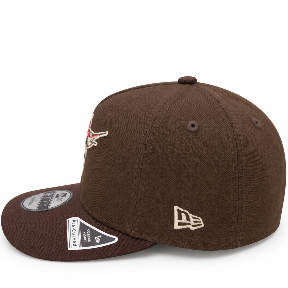 New Era Florida Marlins Brown 2003 World Series 9FIFTY A-Frame snapback hat – side view with embroidered team logo and cream New Era flag