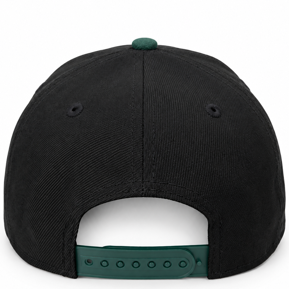 New Era Los Bulls black and green 9FORTY A-Frame hat – back view with green snap closure and green button