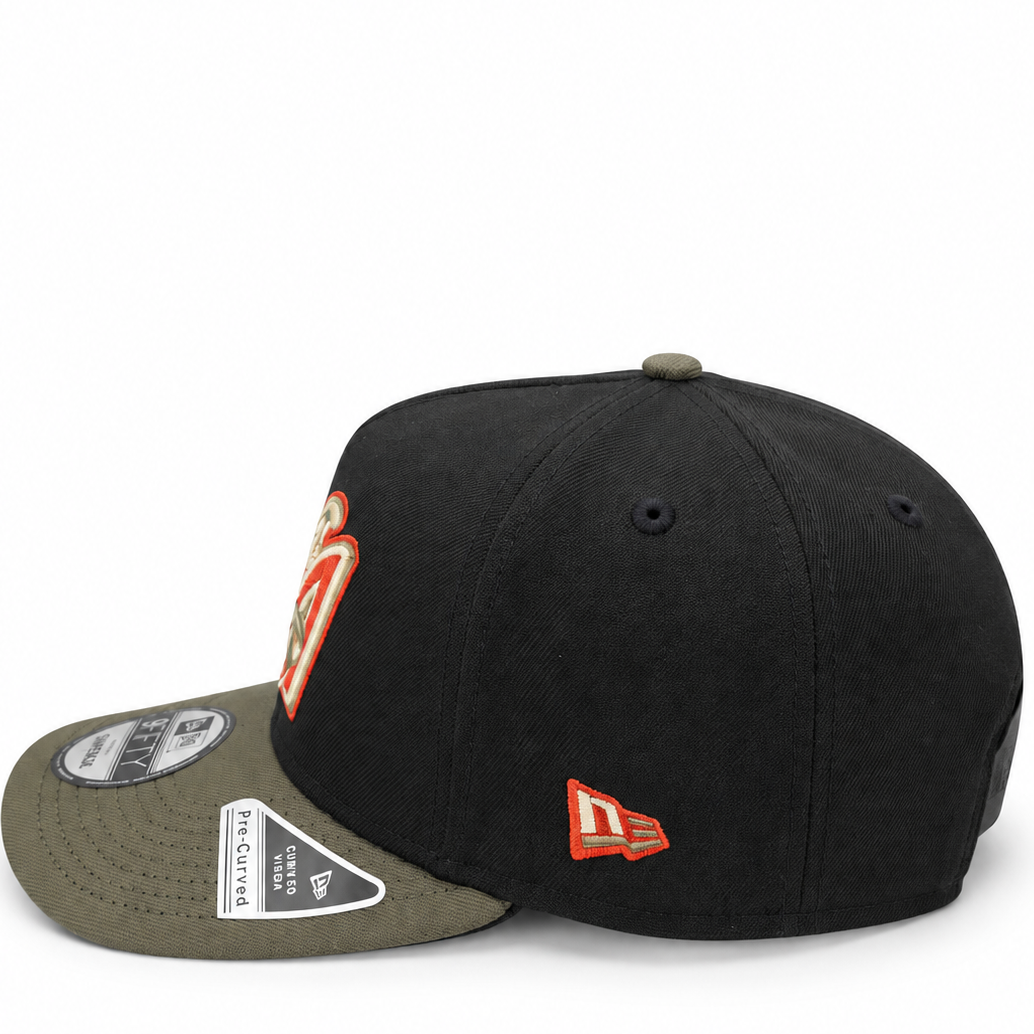 New Era Los Angeles Angels black 9FIFTY A-Frame snapback hat – side view with olive undervisor, orange team patch and orange New Era flag